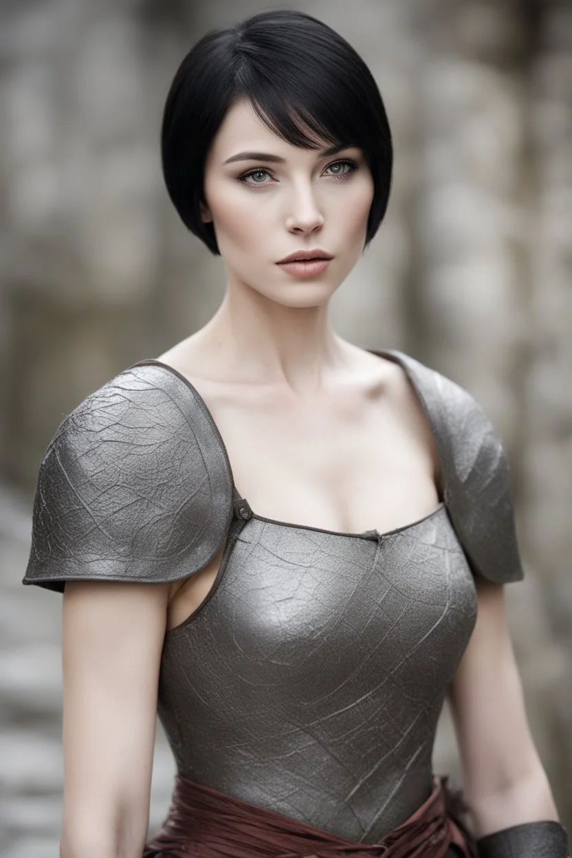 Scandinavian medieval woman with black short hair, pale skin, pretty lips, muscular