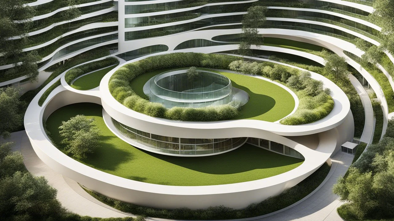 A unique residential complex designed as a large, smooth torus (doughnut) shape. The circular structure encloses a lush, green courtyard, and the outer walls are a mix of glass and vegetation. The curvature of the torus creates a sense of fluidity and unity, with the apartments arranged to follow the continuous curve of the building. Award-winning photograph.