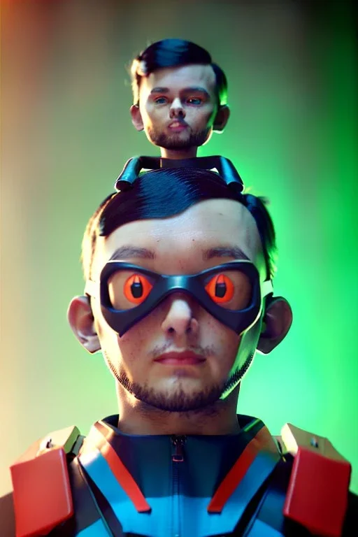 Portrait, cute boy climbed on top of a fat robot, Ultra realistic, retro futuristic style, Science Ninja Team Gatchaman style, wide angle view, soft color, highly detailed, unreal engine 5, ray tracing, RTX, lumen lighting, ultra detail, volumetric lighting, 3d, finely drawn, high definition.