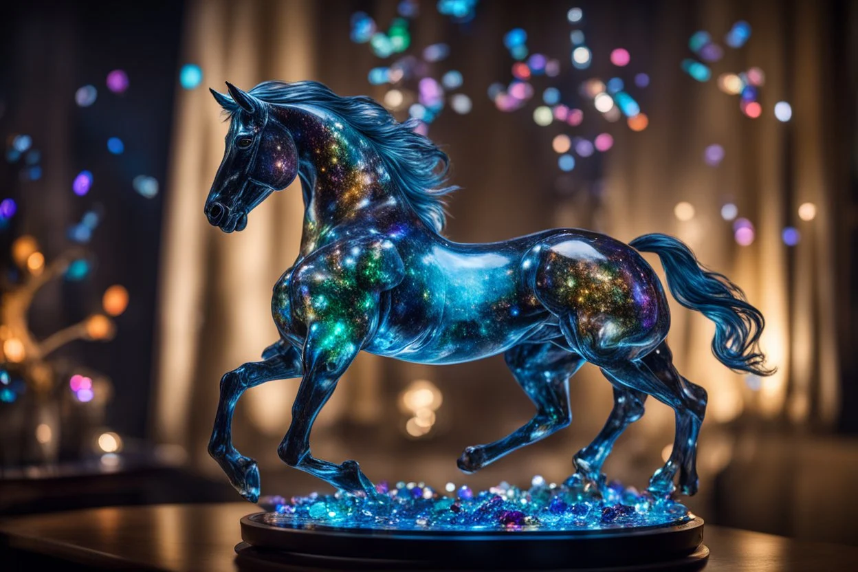 night, dark room, bioluminescent Coloured glass dynamically jumping horse set with gemstones, glittering metal stems and gemstone leaves on a room table sharp focus elegant extremely detailed intricate very attractive beautiful dynamic lighting fantastic view crisp quality exquisite detail gems and jewels S<AI Weight:1 Professional photography, bokeh, natural lighting, canon lens, shot on dslr 64 megapixels sharp focus Weight:0.9