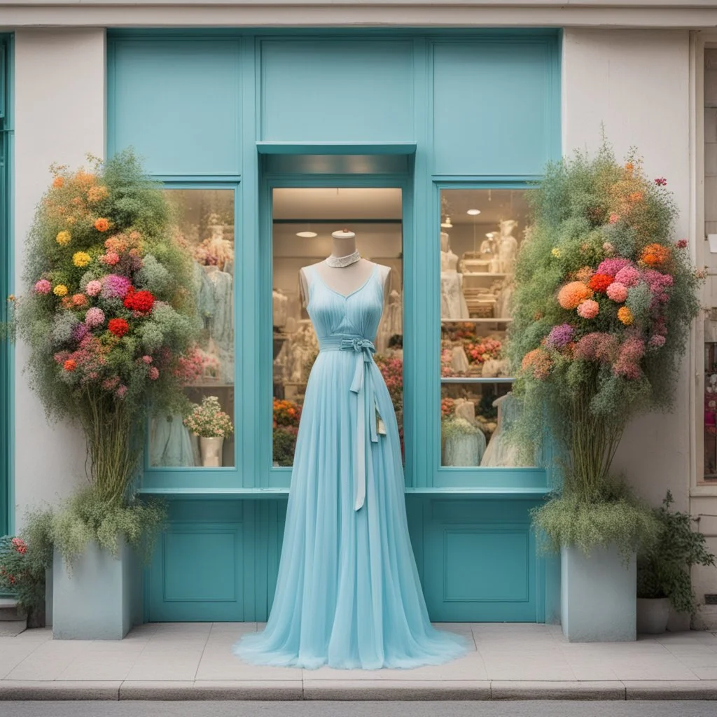 A fashion store in delicate light blue with green decorations, a large window pane with dresses in all bright colors. In front of the store on each side there is a large plant with bright, colorful flowers!No People