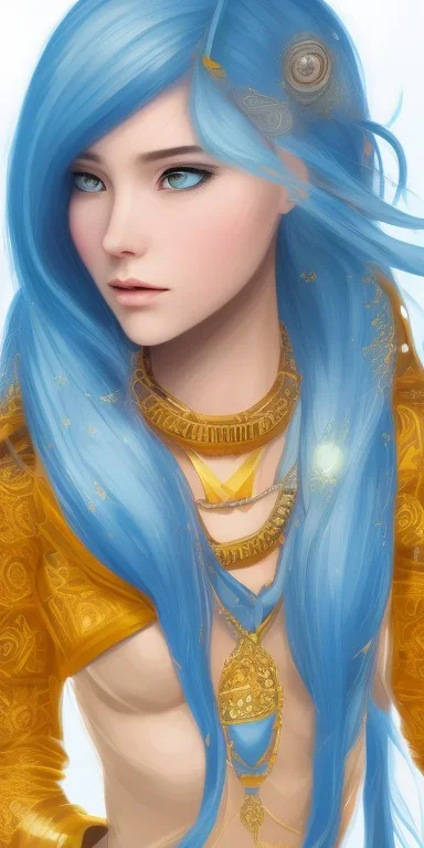 human kingfisher girl with long straight blue hair and orange strand of hair wearing a blue winter coat and a gold necklace