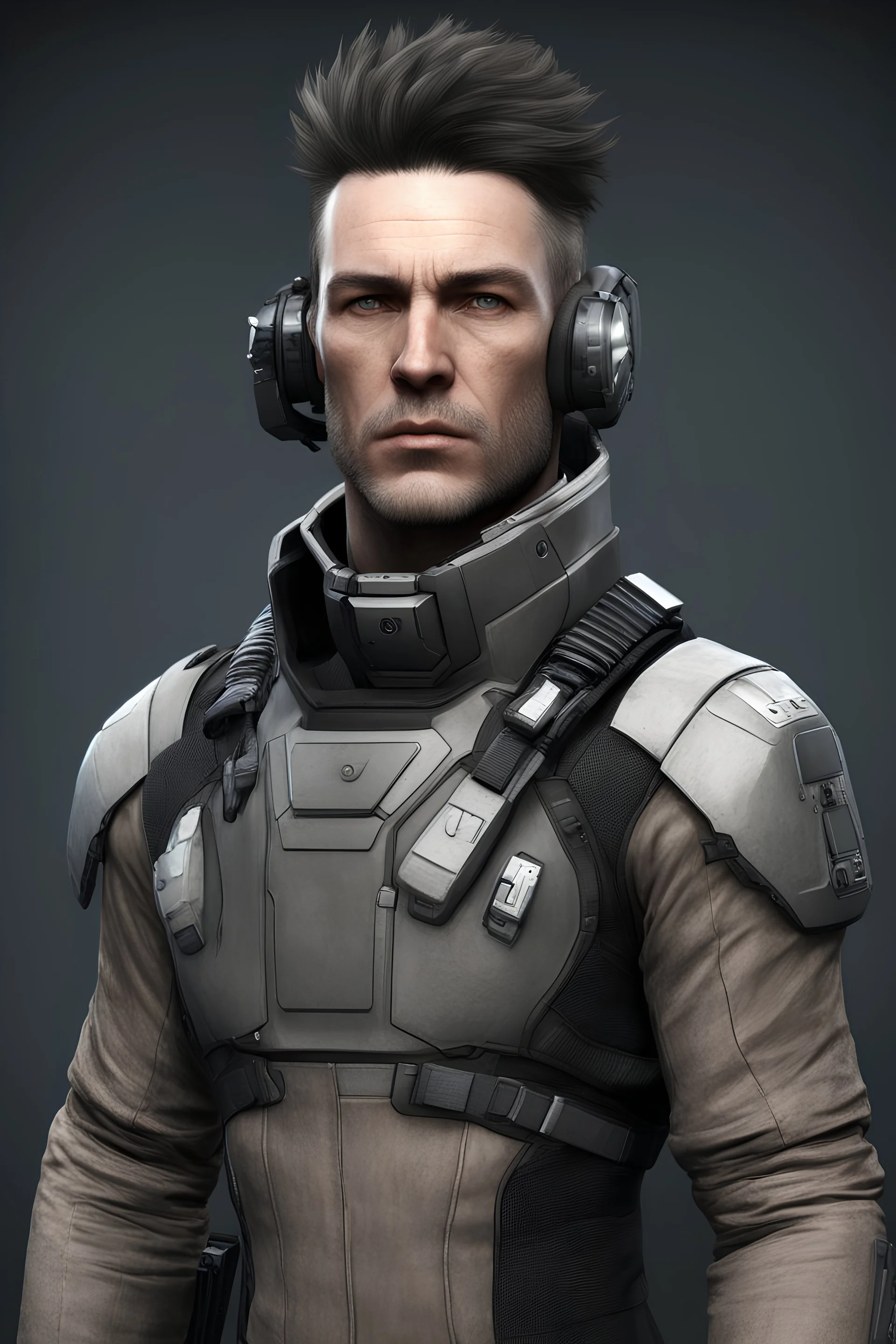 Adventurer in Expedition suit, eve online style, no helmet, eyepiece, male