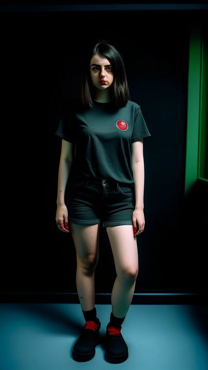 generate a full-length girl with gray-green sad eyes, with dark hair above the shoulders, a round face, not very plump lips, in a black T-shirt with a red print, short shorts, blue socks