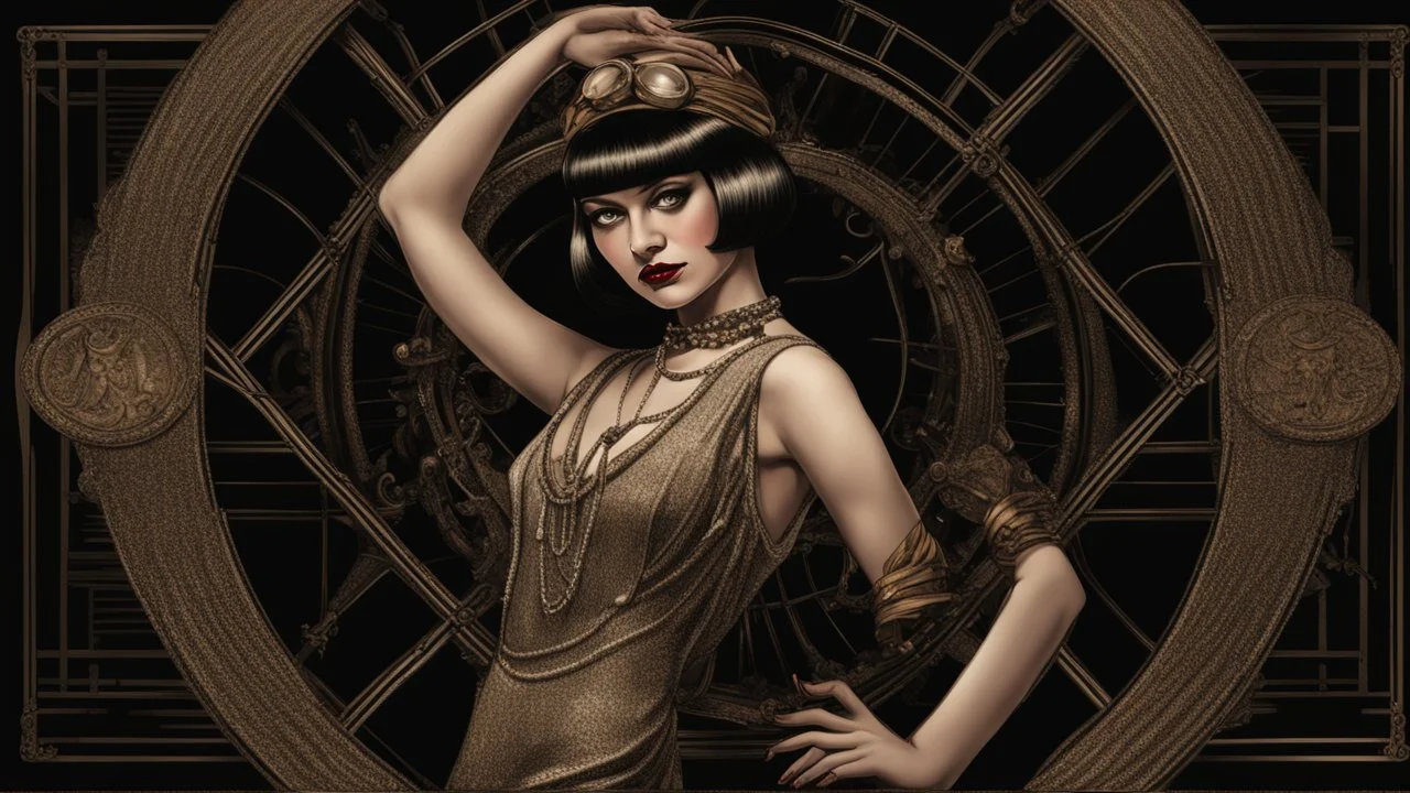 Full Body, burlesque Woman With A Bob With A Fringe Hairstyle, 1920s flapper style Clothing, Steampunk, Black Background, photorealism