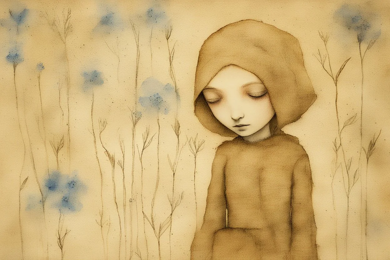 painted and burned burlap, forget-me-not woman, styles of Paul Klee Dee Nickerson and Tim Burton, melting watercolor and black ink outlines on wet paper, soft, shading strokes, in sunshine, ethereal, otherwordly, cinematic postprocessing, bokeh, dof