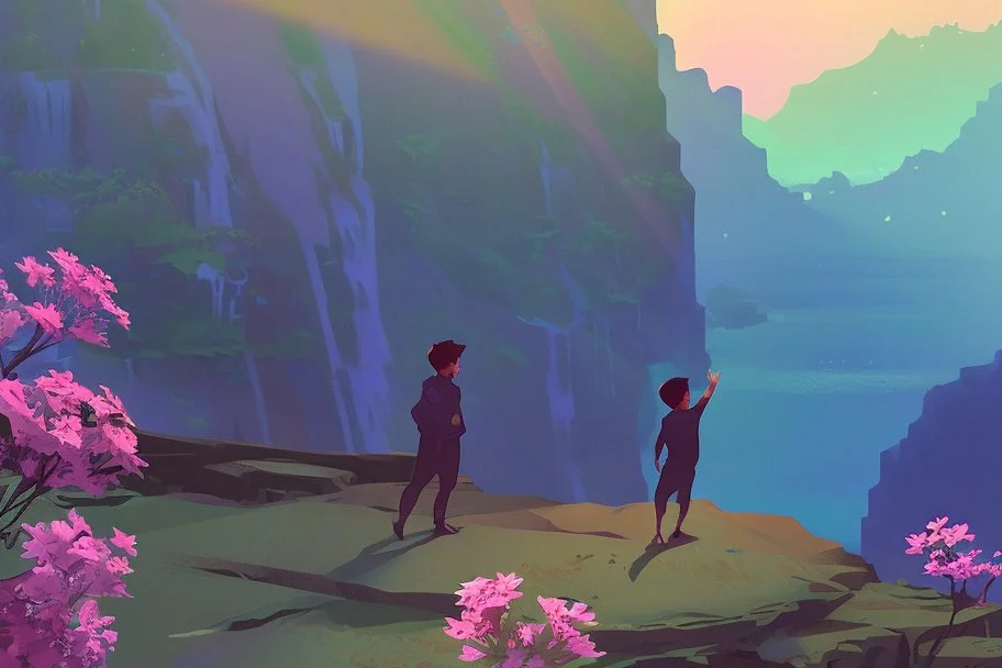 a boy is hanging on the edge of a cliff, holding on, another boy is helping him, holding his hand from above, flowers on the edge of the cliff, waterfall in the sunlight in the background