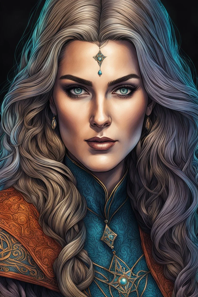 colored etching of an epic medieval female sorceress , with highly detailed facial features ,in the style Ann Chernow, with a fine art aesthetic, highly detailed , realistic , 4k UHD cinegraphic quality