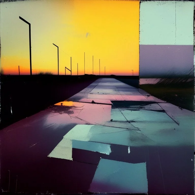 Minimal contemporary abstract oil paintings desolate 1960s carpark concrete fragments at dusk sunset. In the style of Justin Mortimer and Francis Bacon. road markings.