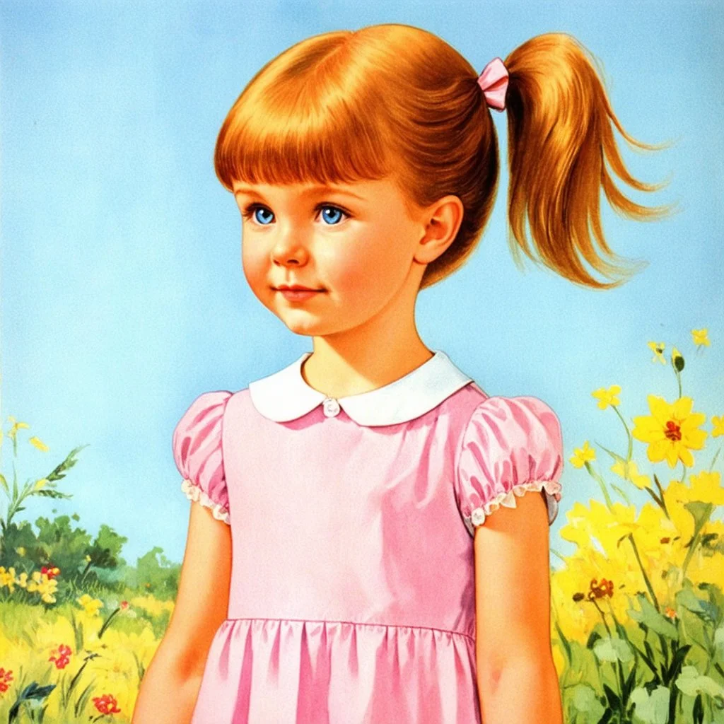 Lily cole, as a little girl, a pony tail, big blue eyes,, ,in the sun,1960s,illustrated by Marcel Marlier, dress, soft pastel colors, , vintage