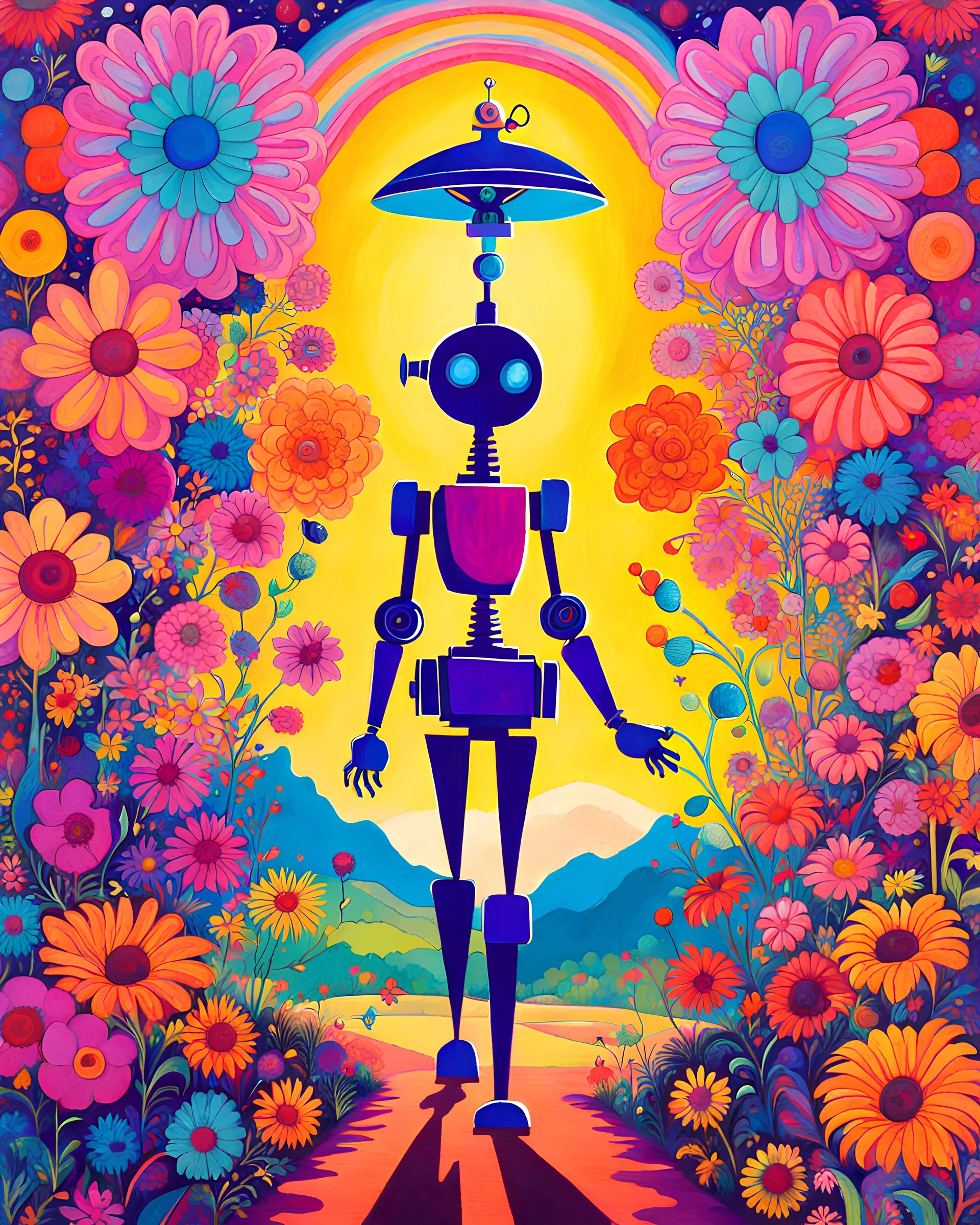 psychedelic colorful silhouette, robot holding hands with little girl, illustration by John Kricfalusi, maximalism, flowers