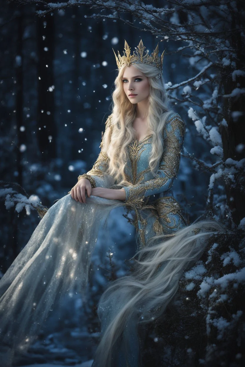 Elven princess,elven crown,long blonde golden hair,rapunzel hair,ice flowers,beautiful,light blue,dark blue,golden armor,sparkle,glitter,ice flowers,snow,elven ears,dark fairy princess