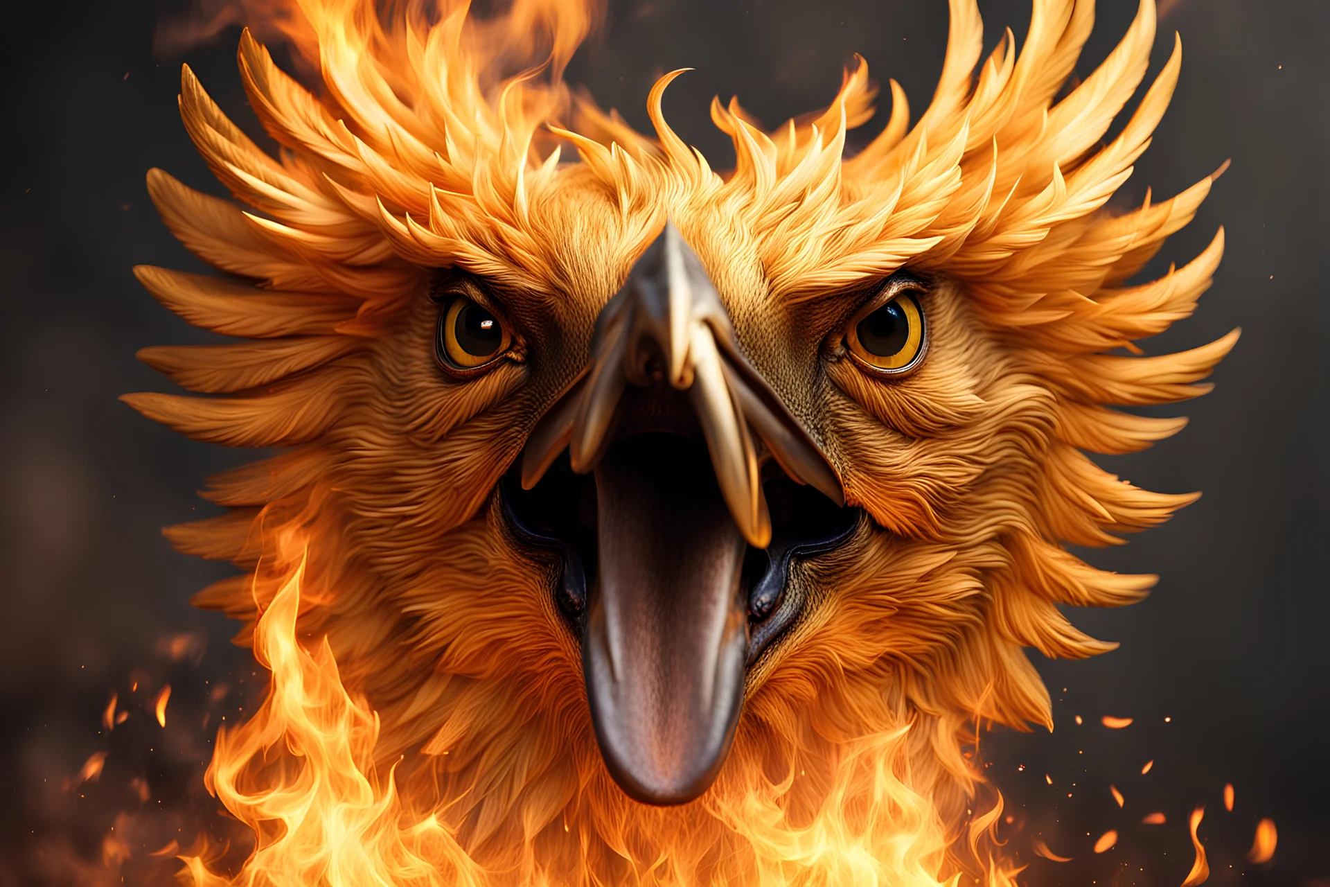 Phoenix golden bird troughing fire from his mouth and looking to the camera.