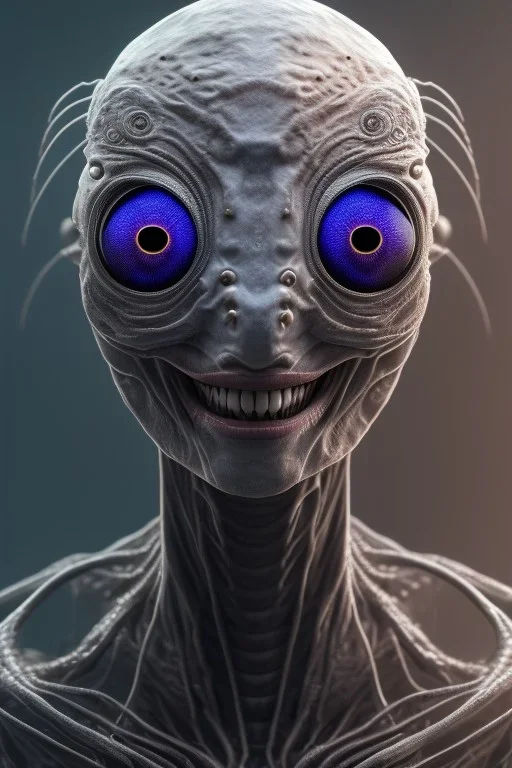 spider alien, head,8 eyes, smile, 8k, finely detailed, photo realistic, HR Giger style