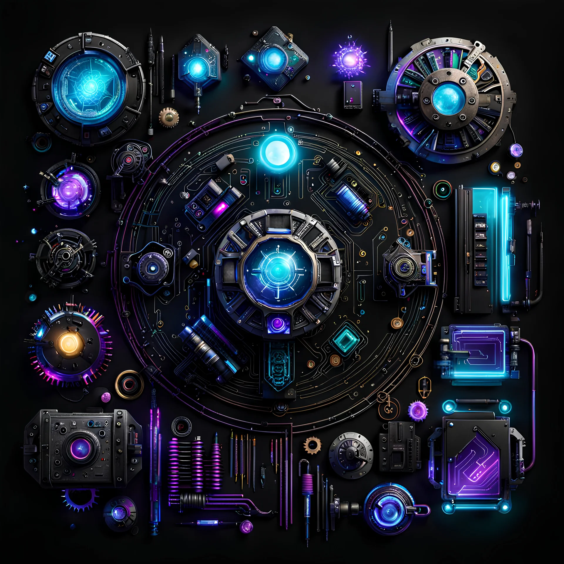 magical components, cyberpunk style, black background