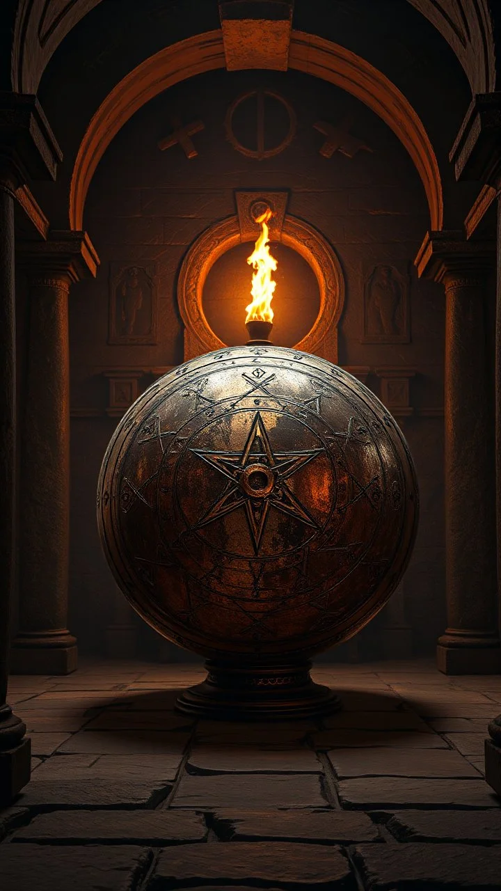 Create an image of old copper sphere with strange runes in side a temple with dim light of fire torch on the wall in the background