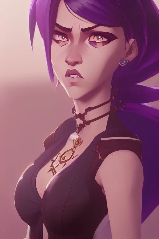 arcane animation series style, league of legends, Solo, 1girl, attractive teenager, african, dark skin, golden eyes, black hair, pair buns, forehead bangs colored in violet, necklace, earrings, modern makeup, (detailed skin texture), white oversize shirt