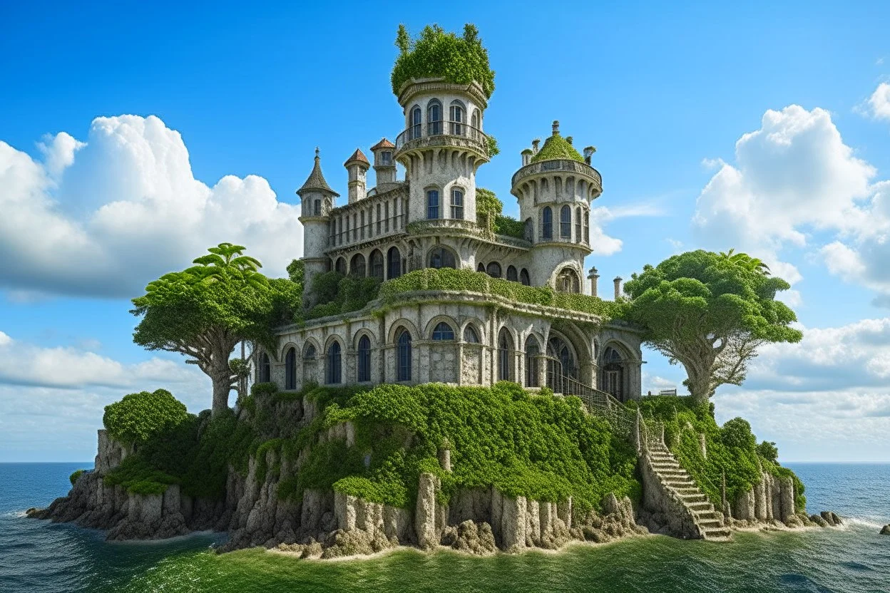 A futuristic ruined gothic building on an island floating over the sea with balconies, verandas, many arches, bridges, spires, paths, trees, dense foliage, spanish moss, ivy, blue sky, white clouds