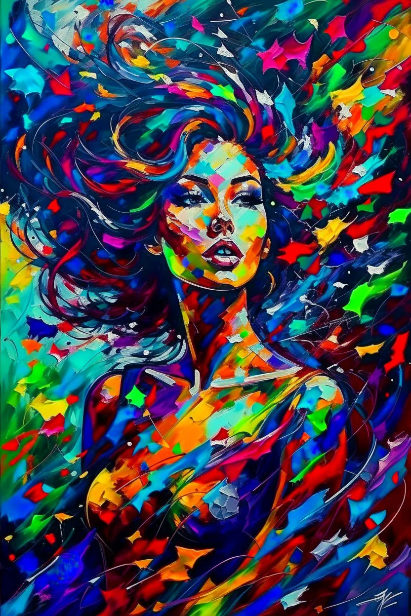 Abstract painting about a beautiful woman and her chaotic life, chaos, stormy, explosive, weird but exceptional art, thick paint strokes, dark colours, realistic