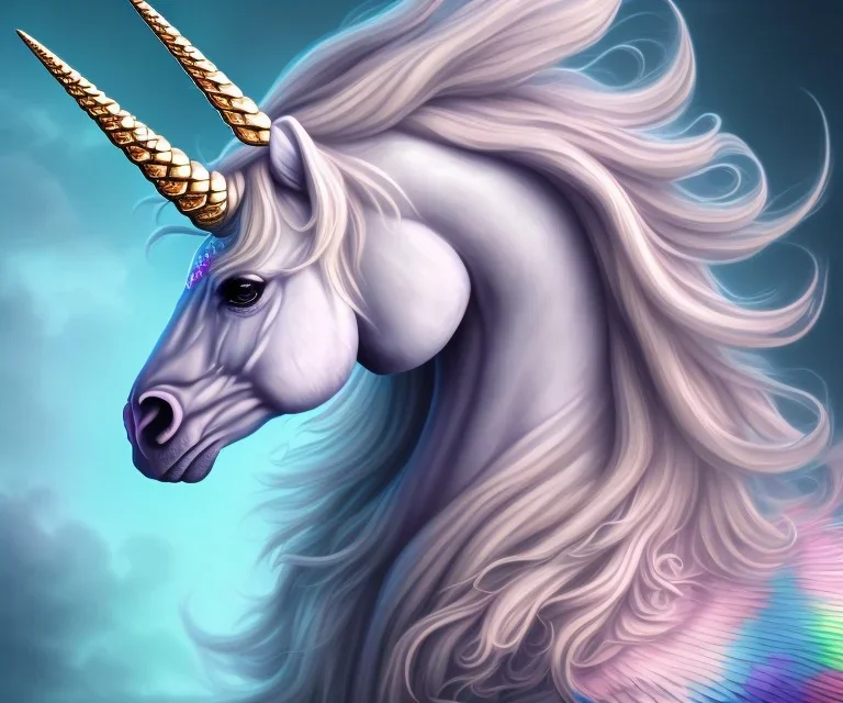 Portrait of unicorn, highly detailed, color patterns on wings, soft studio lighting, background 64k