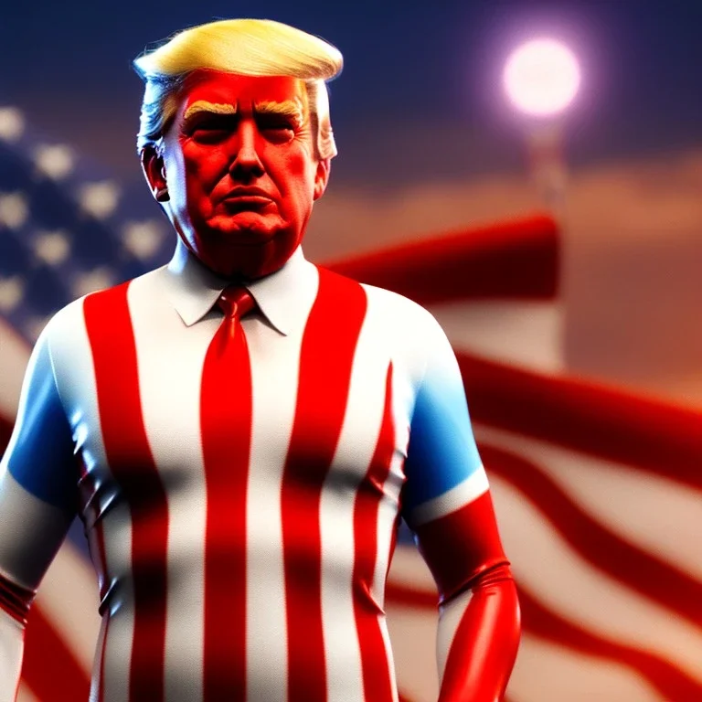 Realistic image of Donald trump super hero, retro style, watchmen style, red white blue colors, white stars, suspenders, latex material, 80s, vibrant color, highly detailed, sky background, concept art, unreal engine 5, god rays, ray tracing, RTX, lumen lighting, ultra detail, volumetric lighting, 3d, finely drawn, high definition, high resolution.