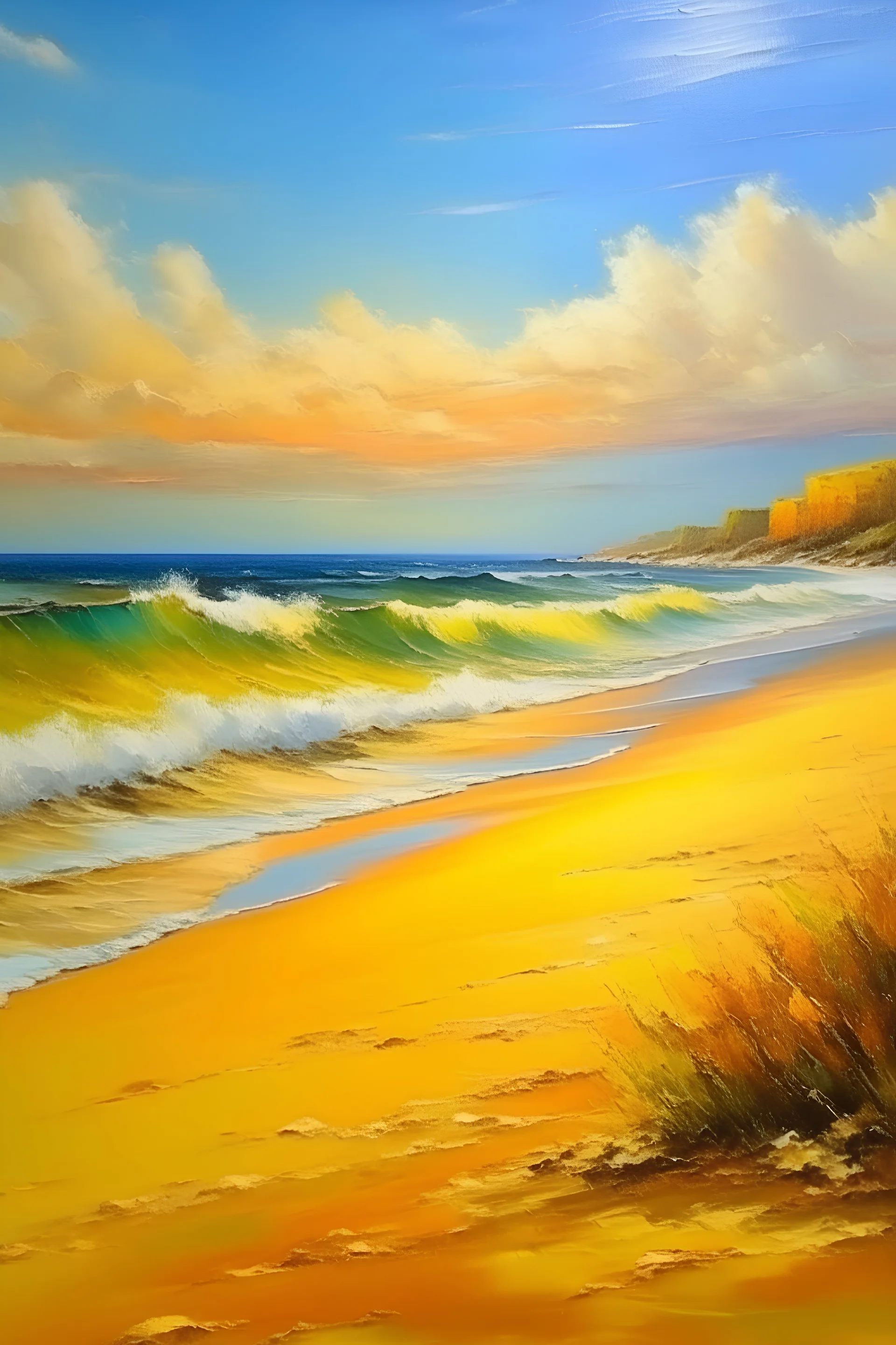 oil painting, beach and seascape, large brush strokes, warm colors