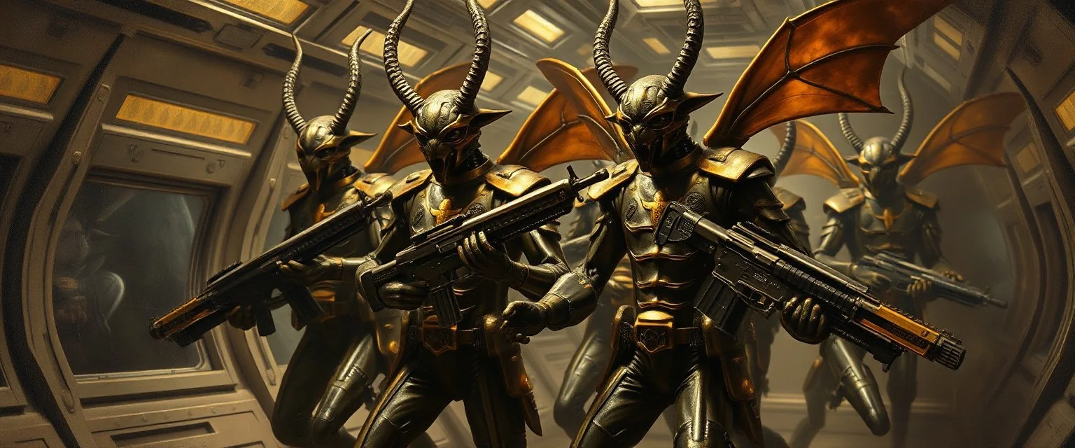 master oil painting by Rembrandt, insectoid Nephilim Ekvus fascist trauma watchers glistening uniform with insignia, dancing weapon dance in messed up space ship, in the style of Giger