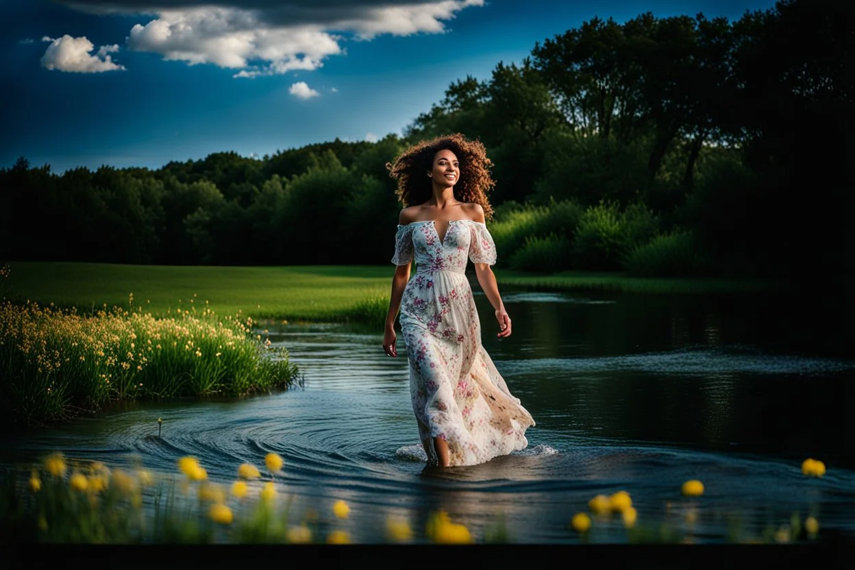 shot from face front green field and wild flower field ,beautiful girl in pretty dress curly hair walking in water toward camera in trees next to wavy river with clear water and nice sands in floor.camera capture from her full body front, spring blosom walking to camera ,camera captures her upper body ,wild flowers moving in the wind ,blue sky,moving pretty clouds ,joy full facet.