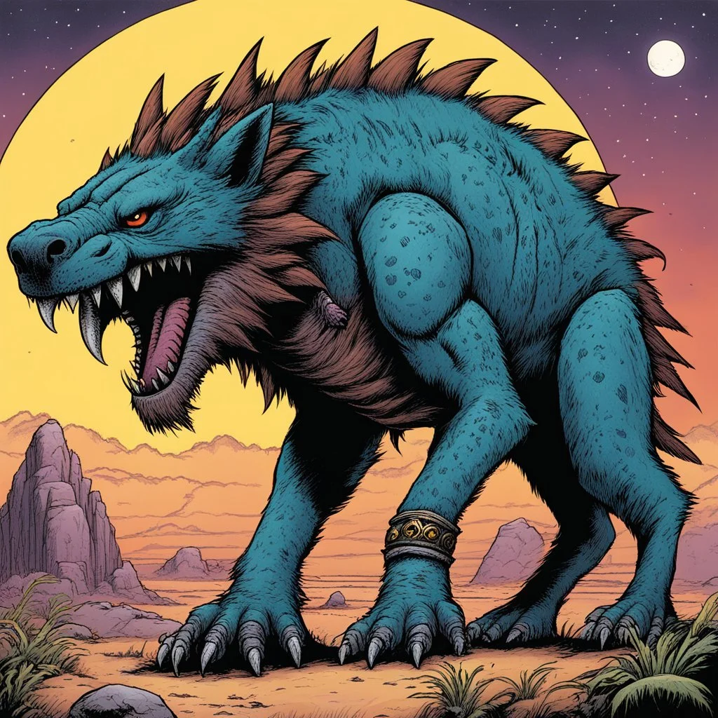 [illustration by Kevin Eastman and Peter Laird] a large omnivorous game furry animal with sabre teeth that lives on a alien planet