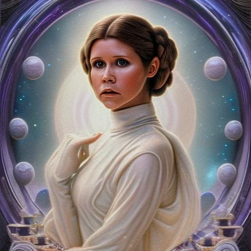 hyperspace background, complete and photo realistic detailed head to waist stunning photo realistic portrait of young carrie fisher as Princess Leia in star wars with photo realistic hairstyle by Mandy Jurgens and mucha and Richard Schmid and chuck close and chie yoshii, extraordinary and detailed ceremony dress of star wars,brown eyes