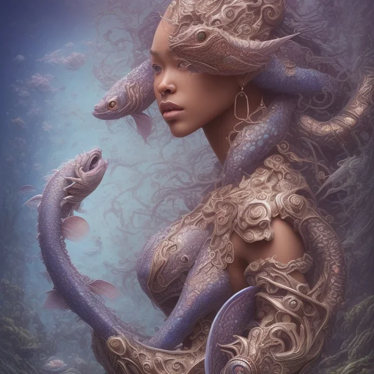 sango fantasy, fantasy magic, intricate, sharp focus, illustration, highly detailed, digital painting, concept art, matte, artgerm and paul lewin and kehinde wiley, masterpiece sexy lips Hawaiian afro lips black African lady body mermaid Dragonfish head blue space lady sea under water mermaid seaweed pyramid