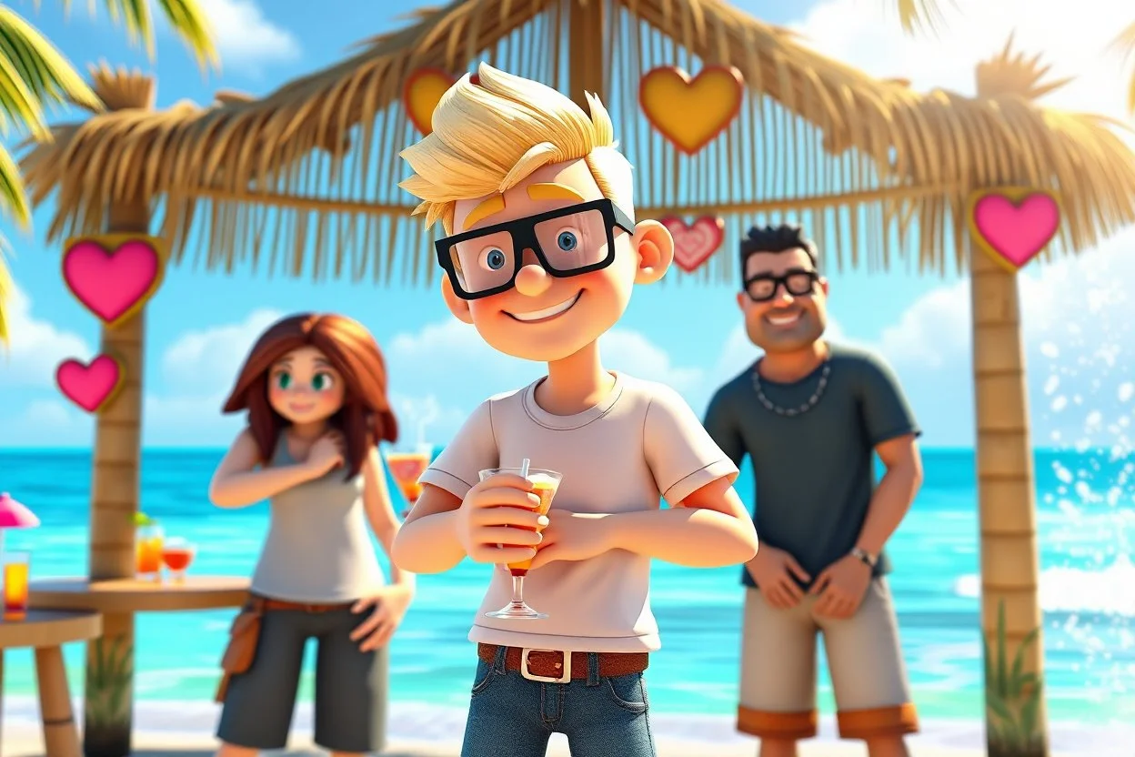 3D video game characters, a short blonde haired man wearing eyeglasses, t-shirts and jeans at the beach in sunshine, tiki bar, cocktails, hearts, waterfall, happiness