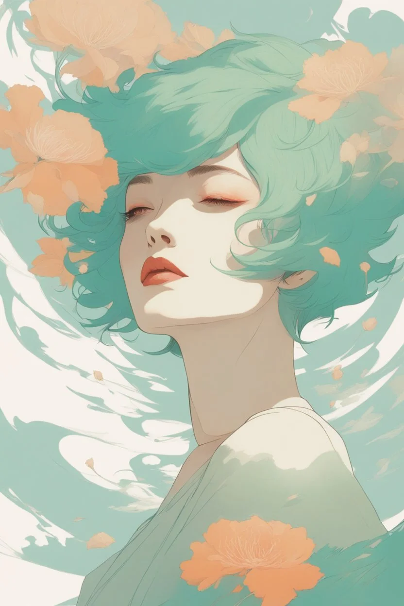 wind blowing from below, portrait of beautiful woman with short green hair, loose lines, flowers, smoke, pastel orange and pastel blue, sense of liberation, concept art, art by james jean, takato yamamoto, 4k, concept art, illustrative