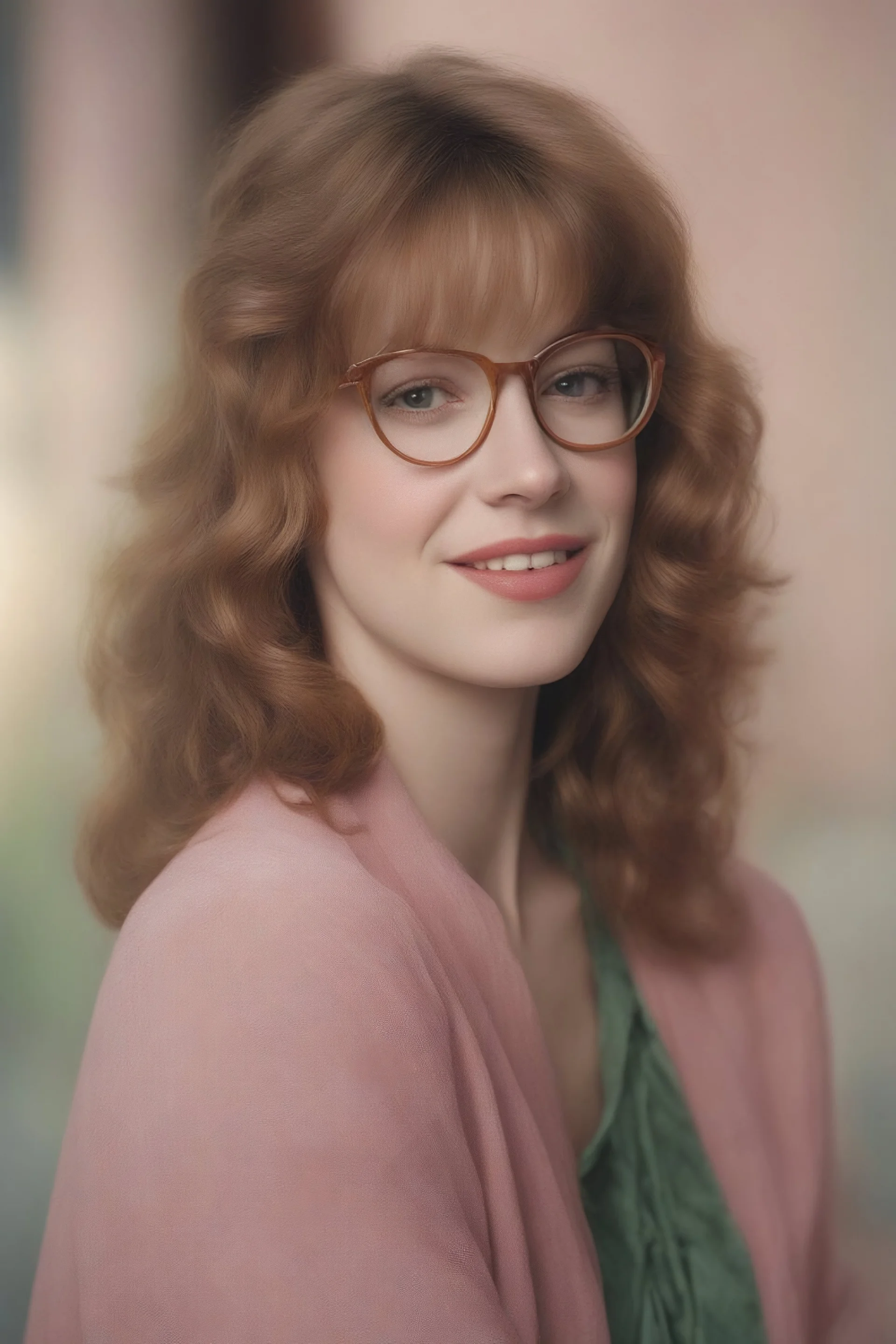 full color image, 1980's yearbook photo, girl, Molly Ringwald, 24 years old, a sly, clever smile on her face, 1980's clothing and hair styles, 4k UHD, photorealistic, (big, full, plump, pouty lips:1.5) big cat-eye eyeglasses, full body, head to toe, full frontal