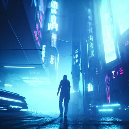 afterlife in the digital void, thriller vibe, 4k, moody cinematic lighting, realistic, highly detailed, blade runner style, blue and purple, highly detailed, conceptual art, volumetric, octane render, unreal engine, extreme detailed