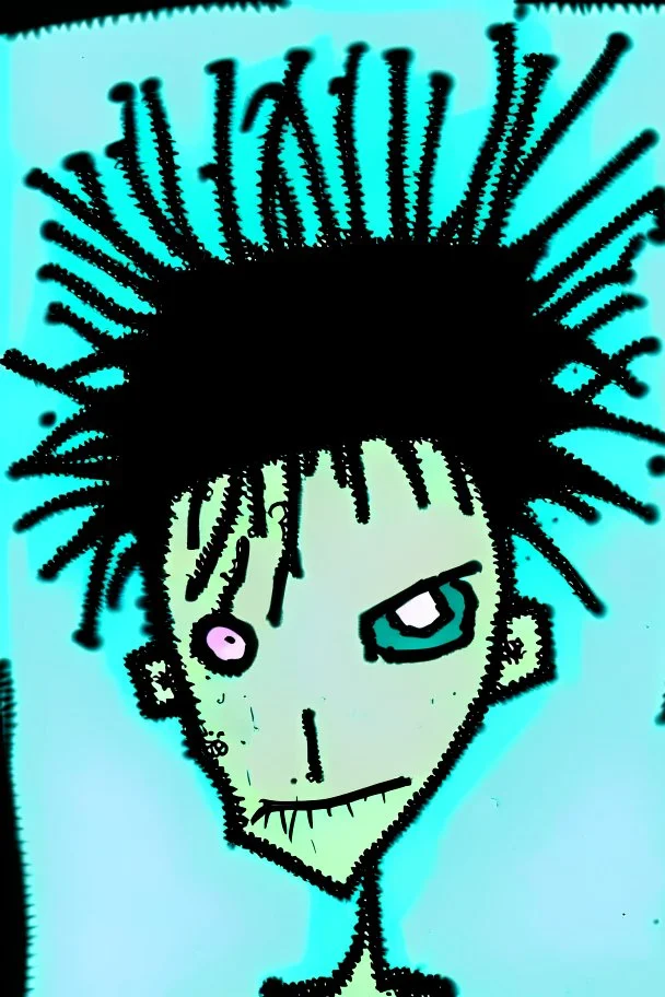 2d portrait drawing of a stickman, cool with punk hair, x eyes like hangman, close-up, side view bended looking into the camera, smiling,in colour