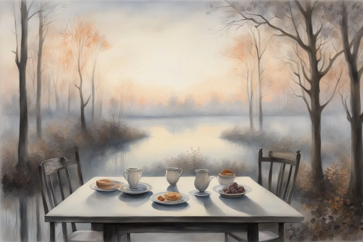 loggia, breakfast table, Sunrise on a misty morning. over a misty pond in the hieght of fall. Watercolour by Alison Brady. Pastel colours Arthur Rackham Gothic Watercolour Jean-Baptiste Monge Ernst Haeckel Minimalist Kay Sage watercolour art