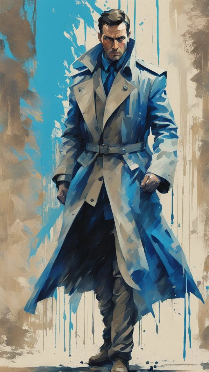 a photo and painting of a man in a trench coat, in combat stance, artgram, cobalt blue, cyan, beige and grey color scheme, reduce character duplication, epic, detailed color scan, moderate glitch pattern visual noise, tint leak