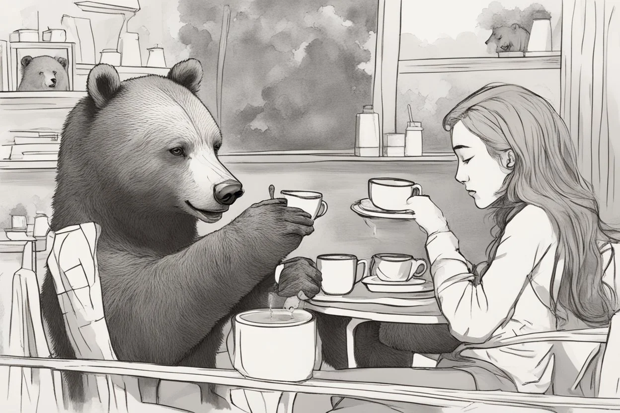 Bear drinking coffee with human friends