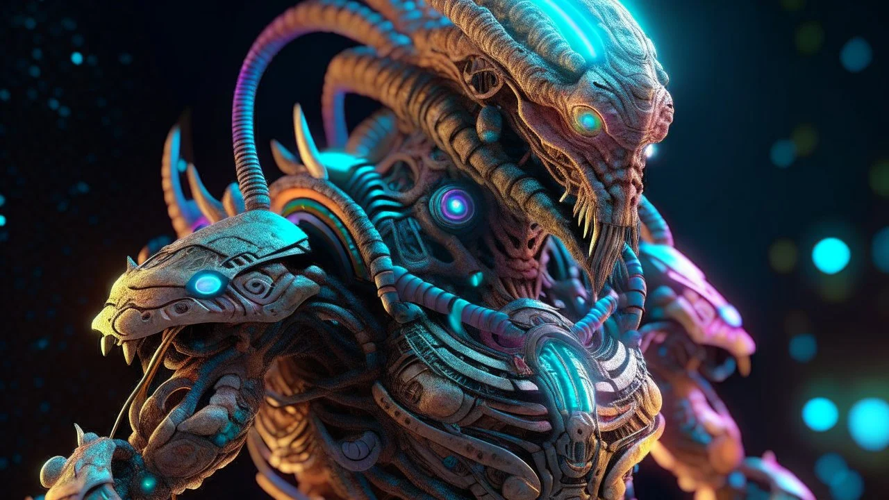 photorealistic Mayan warrior cyborg marauder opalescent space gigantic monster, interstellar galactic particles stream event horizon, quantum wormhole