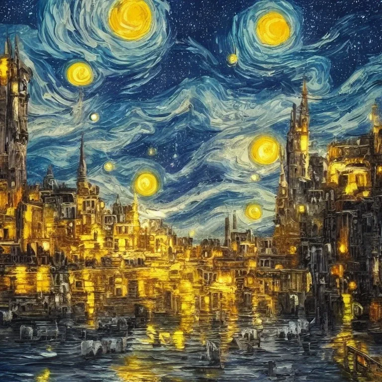 painting of a city in a fantasy starry night photorealistic