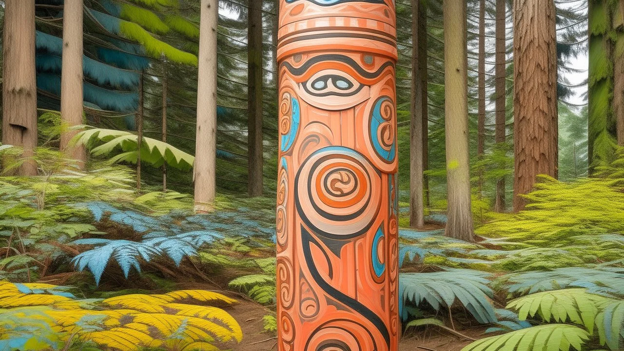 A light rosy orange colored thicket with an arena designed in pacific Northwest totem poles painted by Qiu Ying
