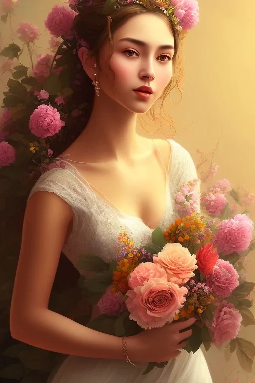 painting of flowers and beautiful girl portrait, scaffolding, anatomically correct, beautiful perfect face, sharp focus, highly detailed