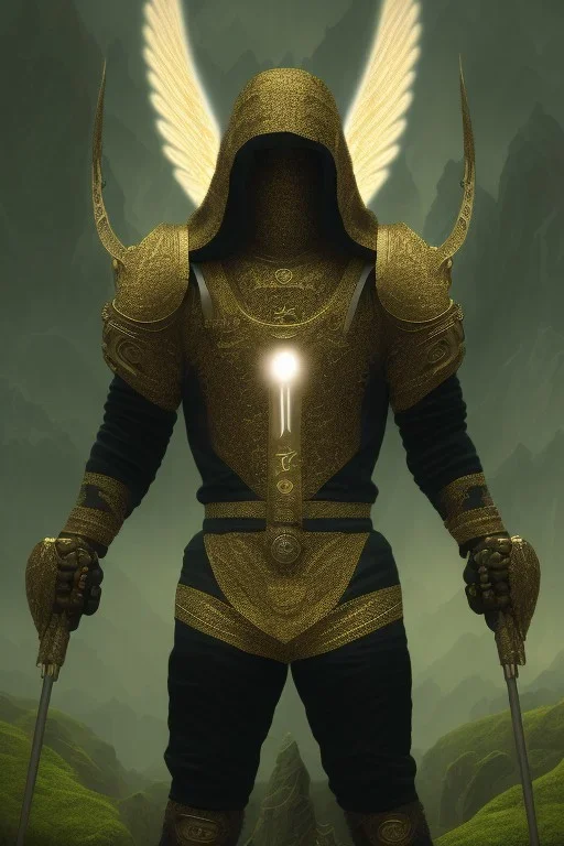 running berserker portrait , no face, black jogging suite , in the night Alps , holding coins , angels background, volumetric gold light, high detail, dark leaf tree, dark mountains in background, perfect, HR Giger style