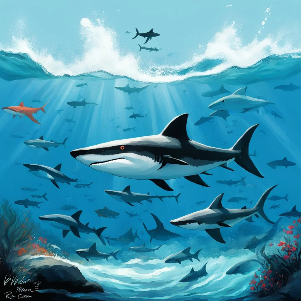 painterly digital painting, more sharks. So you think about sharks. Bigger! Wilder! Whoa! Not that big. Forget it. You will do what you always do. Hand in the art right when they need it. Too late to change. Pisses them off. Something really weir this time. An editorial cartoon by Roger Corman. You mean w-e-i-r-d. No... they're on to me. Overall, it's an absolute world-class masterpiece painterly digital painting. It's an aesthetically pleasing painterly digital painting with impeccable atten