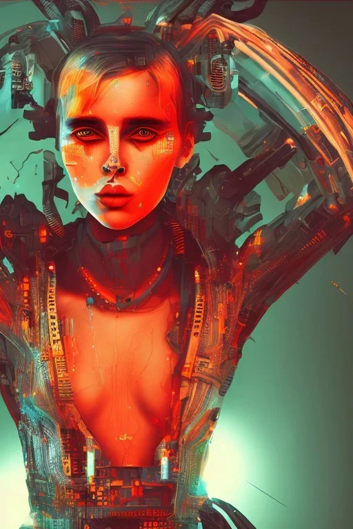 Danish Singer MØ cyberpunk, orange tones, high lighting