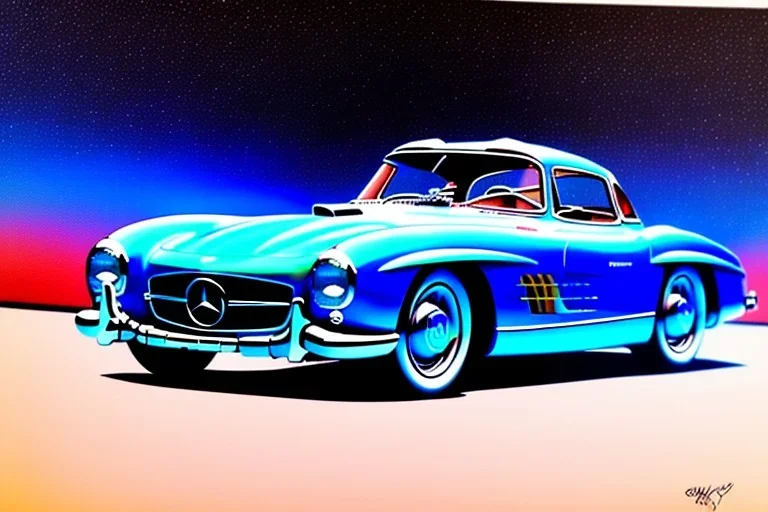 a true-to-life 1956 mercedes benz 300 sl roadster, centered, intricate, extreme detailed, photorealism, center view, city background, pivot on mercedes, pen and color marker painting by cheryl kelley