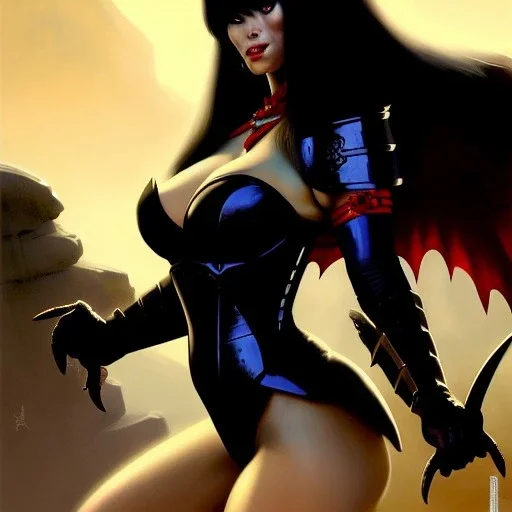 ultra detailed portrait of beautiful Vampirella Riding a black horse,wearing plate armor, extremely detailed digital painting, in the style of Earl Norem and fenghua zhong and ruan jia and jeremy lipking and peter mohrbacher, mystical colors, rim light, beautiful lighting, 8 k, stunning scene, raytracing