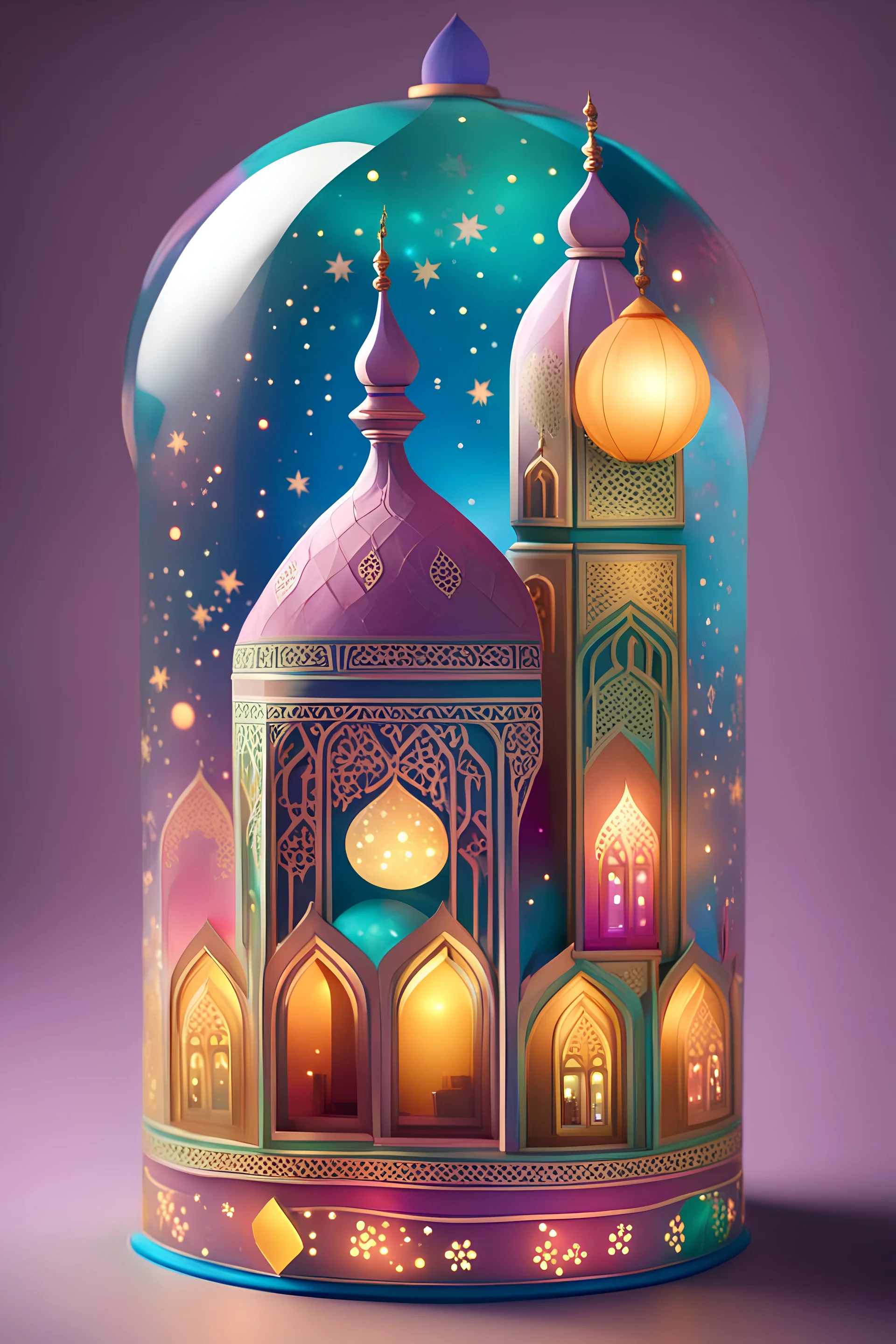 Ramadan lantern with mosque Mosque with Ramadan lantern and Quran with decorated cover, bubble world in the world of colors