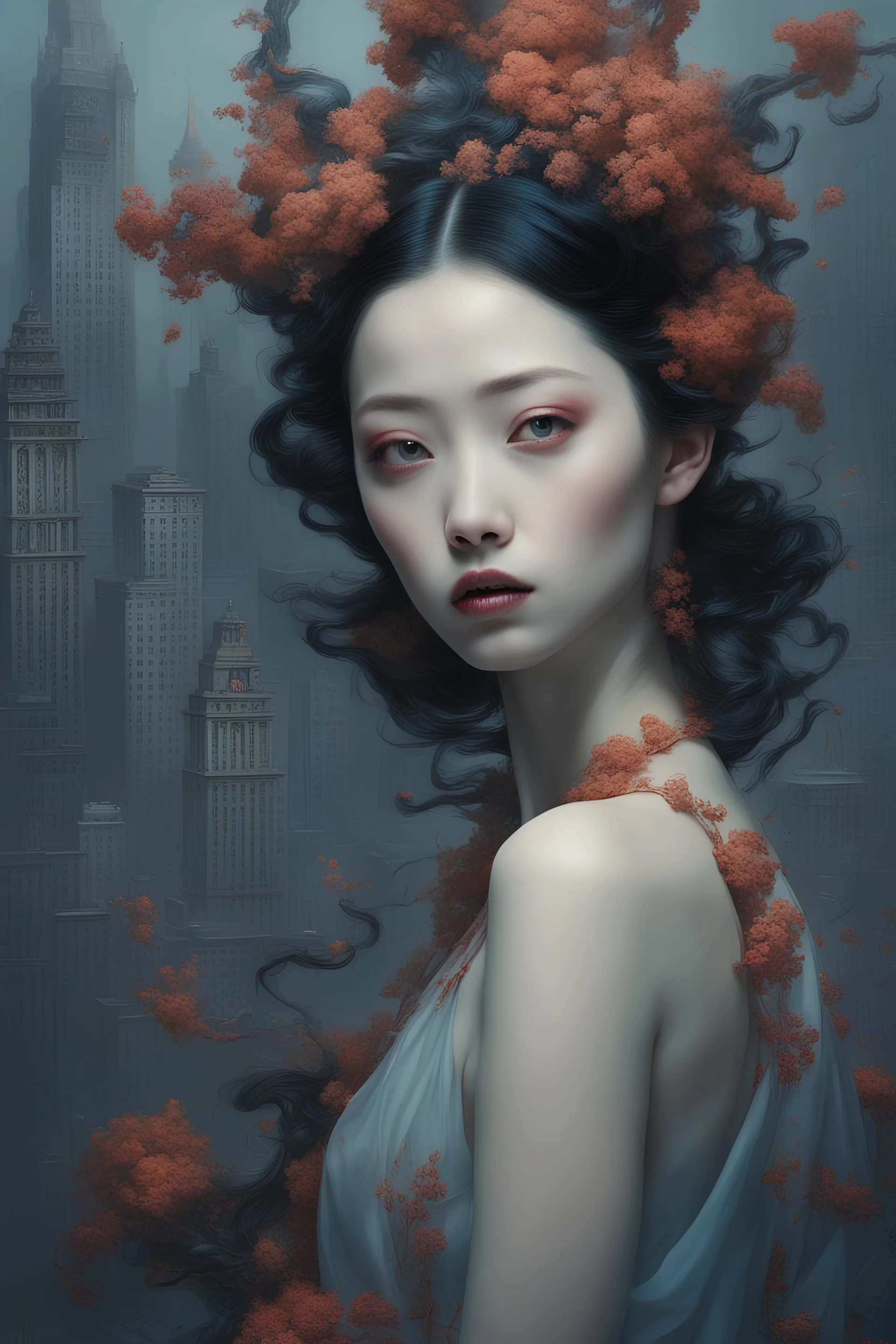 Cityscape, in the style of gothic exotica, james jean, zhang jingna, environmental portraiture, studio photography, obscure art direction, luminous palette